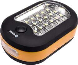 Svítilna ruční 24+1 LED - Přenosná svítilna osazená vysoce svítivými SMD LED diodami s nízkou spotřebou.

Poskytuje dva režimy světla - stálé bílé rozptylové světlo 24x LED a stálé bílé bodové světlo 3x LED.

Napájení 3x AAA baterie (LR03, nejsou součástí balení). Svítilnu lze snadno upevnit vestavěným magnetem na zadní straně, nebo zavěsit na zabudovaný výklopný háček.